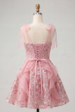 Corset rose ligne A Sangles nœuds Sequins à volants Robe de retour à la maison avec dentelle dans le dos