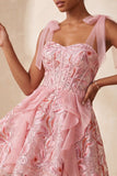 Corset rose ligne A Sangles nœuds Sequins à volants Robe de retour à la maison avec dentelle dans le dos