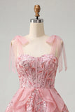 Corset rose ligne A Sangles nœuds Sequins à volants Robe de retour à la maison avec dentelle dans le dos