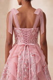 Corset rose ligne A Sangles nœuds Sequins à volants Robe de retour à la maison avec dentelle dans le dos