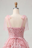 Corset rose ligne A Sangles nœuds Sequins à volants Robe de retour à la maison avec dentelle dans le dos