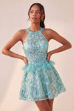Corset Lake Blue, col nu à paillettes, A-line à volants, Lacet arrière Tenue de rentrée