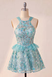 Corset Lake Blue, col nu à paillettes, A-line à volants, Lacet arrière Tenue de rentrée