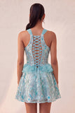 Corset Lake Blue, col nu à paillettes, A-line à volants, Lacet arrière Tenue de rentrée