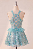 Corset Lake Blue, col nu à paillettes, A-line à volants, Lacet arrière Tenue de rentrée