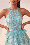 Corset Lake Blue, col nu à paillettes, A-line à volants, Lacet arrière Tenue de rentrée