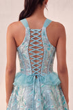 Corset Lake Blue, col nu à paillettes, A-line à volants, Lacet arrière Tenue de rentrée