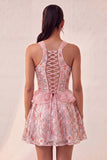 Corset Lake Blue, col nu à paillettes, A-line à volants, Lacet arrière Tenue de rentrée