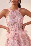 Corset Lake Blue, col nu à paillettes, A-line à volants, Lacet arrière Tenue de rentrée
