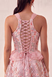Corset Lake Blue, col nu à paillettes, A-line à volants, Lacet arrière Tenue de rentrée