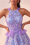 Corset Lake Blue, col nu à paillettes, A-line à volants, Lacet arrière Tenue de rentrée
