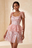 Sequins roses ligne A à volants Dentelle dans le dos, bretelles à ruban Robe de rentrée à la maison avec fente