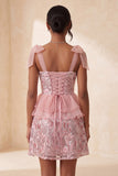Sequins roses ligne A à volants Dentelle dans le dos, bretelles à ruban Robe de rentrée à la maison avec fente