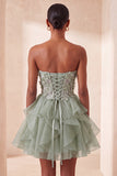 Robe de la rentrée A-line bleu ciel bleu Sweetheart transparente à volants en dentelle remontée