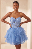 Robe de la rentrée A-line bleu ciel bleu Sweetheart transparente à volants en dentelle remontée