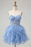 Robe de la rentrée A-line bleu ciel bleu Sweetheart transparente à volants en dentelle remontée