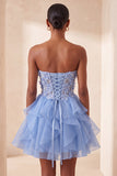 Robe de la rentrée A-line bleu ciel bleu Sweetheart transparente à volants en dentelle remontée