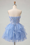Robe de la rentrée A-line bleu ciel bleu Sweetheart transparente à volants en dentelle remontée
