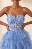 Robe de la rentrée A-line bleu ciel bleu Sweetheart transparente à volants en dentelle remontée