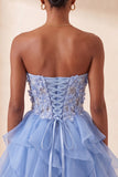 Robe de la rentrée A-line bleu ciel bleu Sweetheart transparente à volants en dentelle remontée