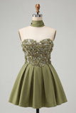 Robe de rentrée à la maison en perles à perles Olive A-line Sweetheart avec dentelle dans le dos