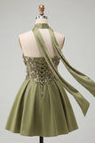 Robe de rentrée à la maison en perles à perles Olive A-line Sweetheart avec dentelle dans le dos