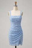 Robe de la rentrée à la maison avec des cols carrés bleu ciel, paillettes en dentelle relevée,