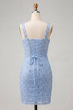 Robe de la rentrée à la maison avec des cols carrés bleu ciel, paillettes en dentelle relevée,