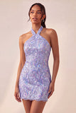 Robe de bal de retour à la maison Bodycon, Short Violet Léger, Sequins à dos lacé
