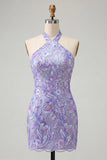 Robe de bal de retour à la maison Bodycon, Short Violet Léger, Sequins à dos lacé