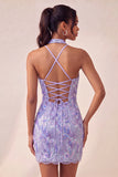 Robe de bal de retour à la maison Bodycon, Short Violet Léger, Sequins à dos lacé