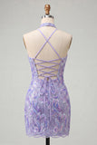 Robe de bal de retour à la maison Bodycon, Short Violet Léger, Sequins à dos lacé