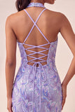 Robe de bal de retour à la maison Bodycon, Short Violet Léger, Sequins à dos lacé