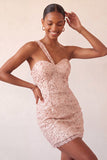 Robe de bal de rentrée à l’arrière en une épaule Bodycon Champagne et paillettes