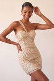 Robe de bal de rentrée à l’arrière en une épaule Bodycon Champagne et paillettes