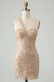 Robe de bal de rentrée à l’arrière en une épaule Bodycon Champagne et paillettes