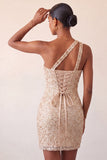 Robe de bal de rentrée à l’arrière en une épaule Bodycon Champagne et paillettes