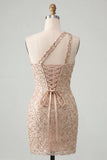 Robe de bal de rentrée à l’arrière en une épaule Bodycon Champagne et paillettes