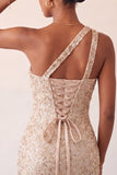 Robe de bal de rentrée à l’arrière en une épaule Bodycon Champagne et paillettes