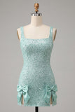 Robe de rentrée à la maison avec nœud bodycon vert menthe à col carré lacé dans le dos