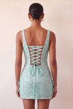 Robe de rentrée à la maison avec nœud bodycon vert menthe à col carré lacé dans le dos