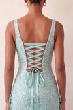 Robe de rentrée à la maison avec nœud bodycon vert menthe à col carré lacé dans le dos