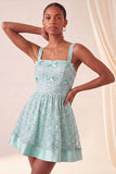 Robe de rentrée bleu bleu A-line à col carré lacet remonté dans le dos avec paillettes
