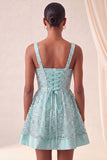 Robe de rentrée bleu bleu A-line à col carré lacet remonté dans le dos avec paillettes