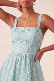 Robe de rentrée bleu bleu A-line à col carré lacet remonté dans le dos avec paillettes