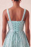 Robe de rentrée bleu bleu A-line à col carré lacet remonté dans le dos avec paillettes
