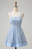 Robe de rentrée bleu bleu A-line à col carré lacet remonté dans le dos avec paillettes