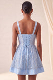 Robe de rentrée bleu bleu A-line à col carré lacet remonté dans le dos avec paillettes