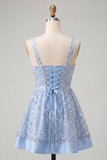 Robe de rentrée bleu bleu A-line à col carré lacet remonté dans le dos avec paillettes