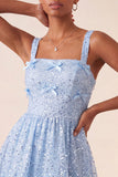 Robe de rentrée bleu bleu A-line à col carré lacet remonté dans le dos avec paillettes